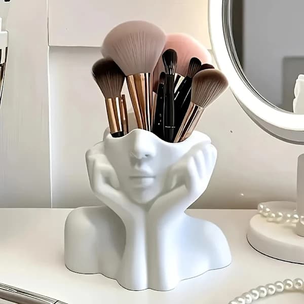 1 x Elegant White Ceramic Textile (Vinyl) Makeup Brush Holder - Face Styling Dressing Table Storage Box 1pc 1个