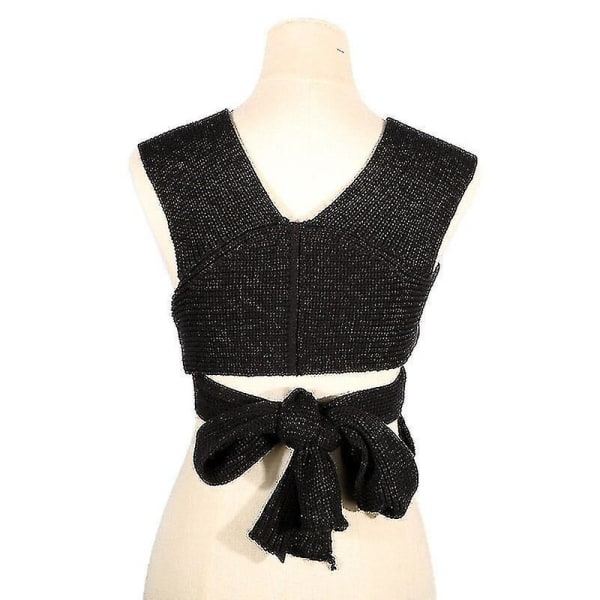 Kvinde Strikket Vest Bandage Trøje Mode Ærmeløs Crop Top Efterår Solid Pullover Sort
