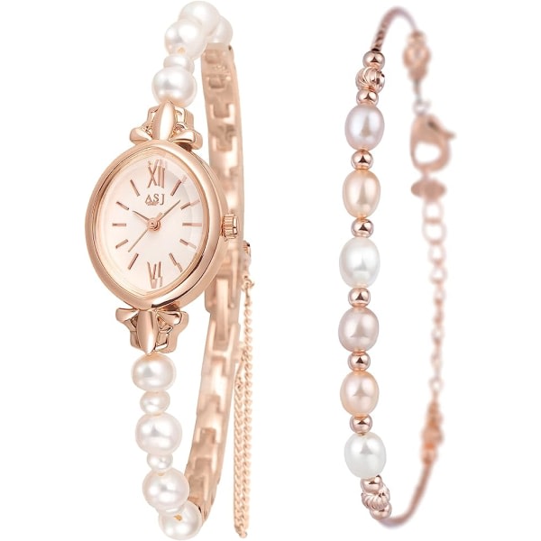 IC Natural Pearls ur og sæt til kvinder Elegant roséguld ur elegant ovala sæt med pärlormbånd