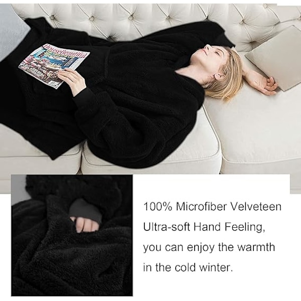 Hættetrøje-tæppe, Oversized Sherpa Hættetrøje, Bærbar Hættetrøje-tæppe, Super Blød Varmt Behageligt Tæppe-Hættetrøje, One Size Passer Alle Voksne Black