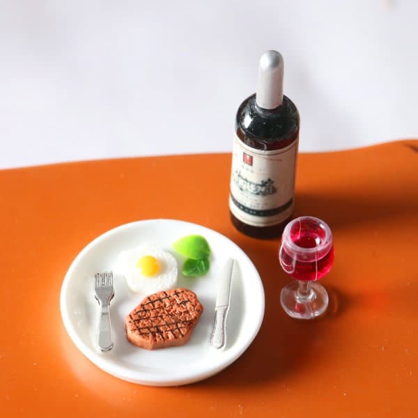Dukkehussæt Miniature, Mini Vin Steak Sæt til Køkken, Legetøj