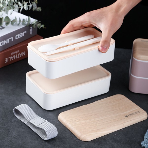 IC Wood Grain Bento Dubbel Lunch Box Snack Box Delad Lunch Box