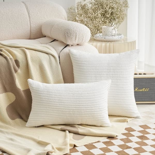 IC Ryg- og Sofa Puder Sæt med 2 Bløde Stribede Sammet Lange Dekorative Hvide Puder, 12x20 tommer, Hvid