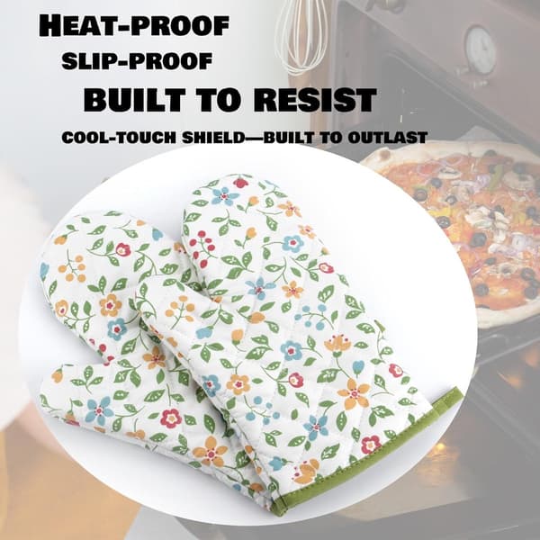 Blommiga ugnsvantar set om 2, värmebeständig quiltad polyester med halkfritt grepp för matlagning, bakning och grillning, 28 x 18 cm