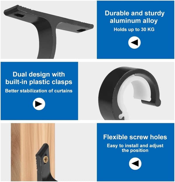 Gardinstangholdere i aluminiumslegering, 4-pak, sort, til loft- eller vægmontering, til 25-28 mm stang