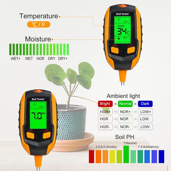 Maaperän pH-mittari 4 in 1 Maaperän testaaja Kosteus Digitaalinen testi