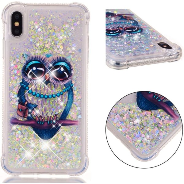 IC- case för iPhone Xs Max, Blue Owl Liquid Bling Glitter Flödande Quicksand- case Söt Klar Mjuk Stötsäker TPU Slim Skydd