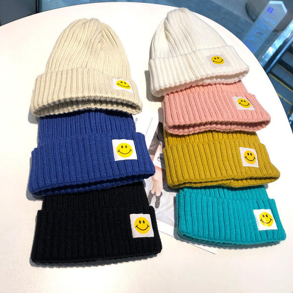 Varm vinterstrikket hue med smilende ansigt Rosex rundt ansigt Vinter Uld Damlapp Koreansk stil All-Match Unisex Vinrød M（56-58cm）