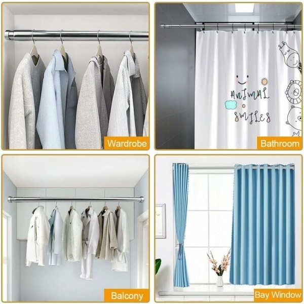 IC Udtrækkelig Garderobsstang i Rustfrit Stål 51 cm til 80 cm Justerbar Teleskopisk Gardinstang Korrosionsskyddende Ekspanderbar Garderobe