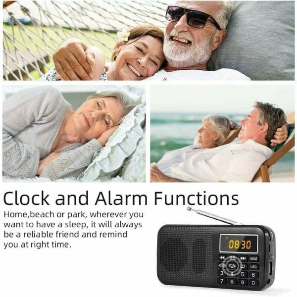 IC Kannettava radio, FM-radio, suurikapasiteettinen latautuva akku (3000mAh), tukee MP3 / SD / USB / AUX, musta