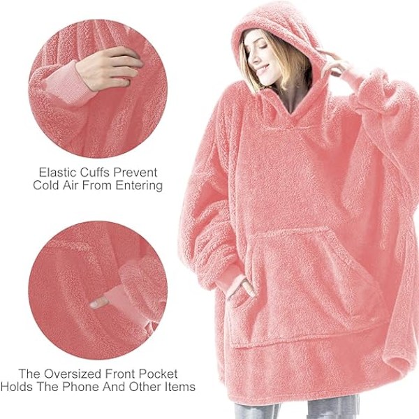 Hættetrøje-tæppe, Oversized Sherpa Hættetrøje, Bærbar Hættetrøje-tæppe, Super Blød Varmt Behageligt Tæppe-Hættetrøje, One Size Passer Alle Voksne Pink