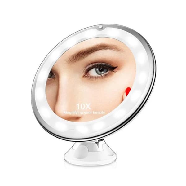 10X LED Makeup Mirror with Magnification, Lockable Suction Cup, 360 Degree Rotation, Adjustable for Home, Travel, Bathroom, Battery Powered