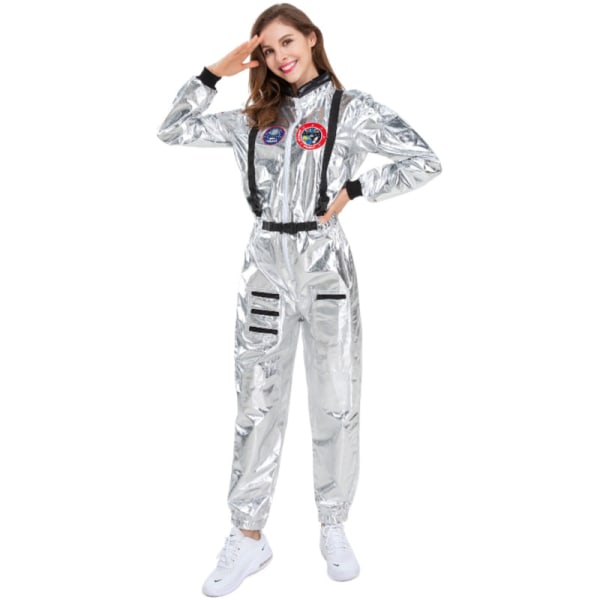 Jumpsuit for voksne astronautkostym Silver rymdrakt for män med broderte lappar og fikor kvinner XL