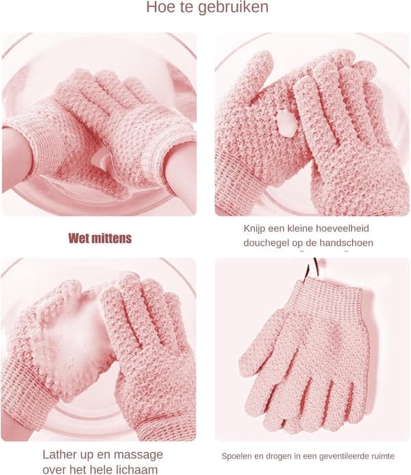 Eksfolierende kroppsskrubb-hansker, 2-pakning gjenbrukbare vaskbare dusjhansker for dyprens og massasje, elastisk passform for bad, spa, treningsstudio og reise, rosa