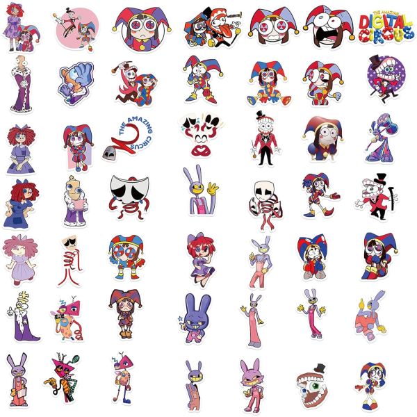 56 kpl DIY vedenkestäviä tarroja The Amazing Digital Circus Stickers - Hauskoja sarjakuva-tarroja matkalaukulle, rullalaudalle, pyörälle, seinälle, puhelimelle