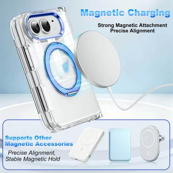 Magnetisk etui til iPhone Duo, krystalklar PC-bagside med fleksibel TPU-ramme, 360° roterende ringstativ, sort