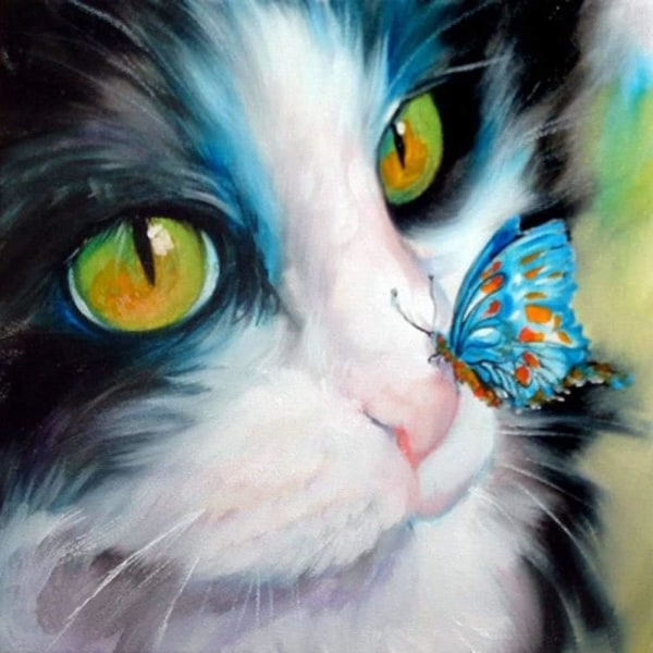 IC DIY Diamond Fancy Paint Sett, Full Round Diamond Fancy Butterfly Kissed Cat, 5D Gemstone Art and Craft Pussel