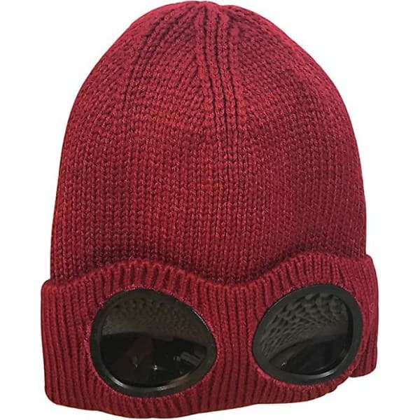 Unisex Goggle Strikket Lue Vindtett Varm Vinter Skull Cap Vinrød