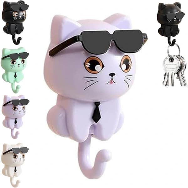 Cute Cat Key Hook, Cartoon Cat with Sunglasses Creative Hook, Durable Cute Wall Hooks (A) Purple Purple
