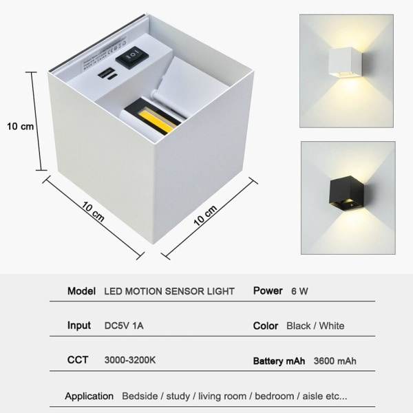 IC Inomhus LED-vägglampa med rörelsedetektor USB-laddningsbar vägglampa Sladdlös ytmontering för sovrum, korridor, svart x 1 färg