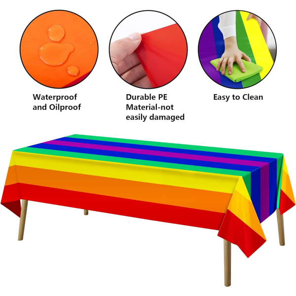 IC 6 förpackningar Regnbågsduk för engångsbruk-108 x 54 tum Regnbågetema Plast Vattentät duk-rektangulär Pride Rainbow duk