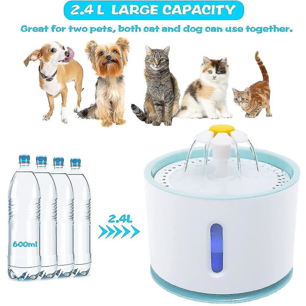 IC Kattvattenautomat, automaattinen tyst kattvattendispenser, 2,4 litran kattvattenautomaatti med stor kapacitet för hundar, med LED-vattennivå