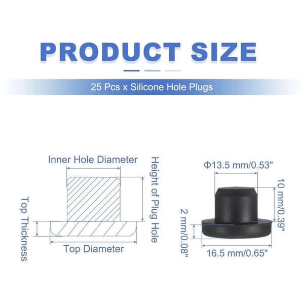 25 stk. T-formede silikonepropper, diameter 13,5 mm, genanvendelige silikone elastiske vandtætte propper, solide runde hulpropper til rør, sort