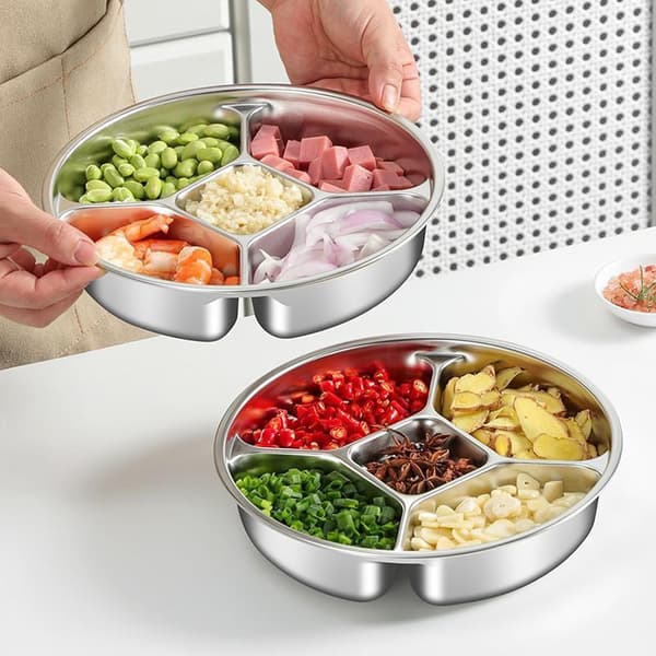 Serveringsbricka i rostfritt stål med 5 fack, diskmaskinssäker tallrik för portionskontroll, 22,4 cm, 2-pack