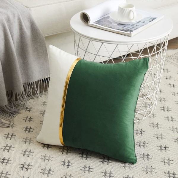 2-pak Olivgrønne Dekorative Pudebetræk 18x18 tommer til Stue Sofa, Grøn og Hvid Fløjlsplaster med Guld Læder 45x45 cm