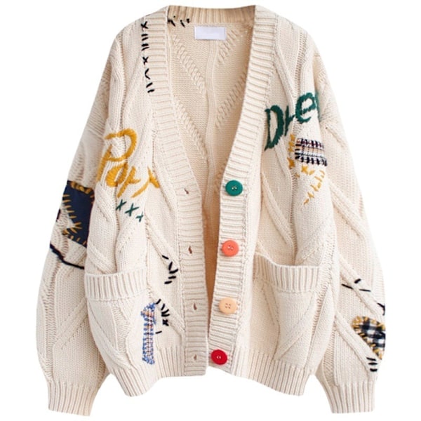 Brodert strikket cardigan for kvinner med V-hals Off white