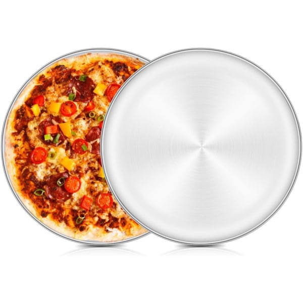 Pizzabakplåt Set med 2, 12 tums ugnsplåt i rostfritt stål, rund bakplåt, mindre hurtig, giftfri og hälsosam, tål diskmaskin