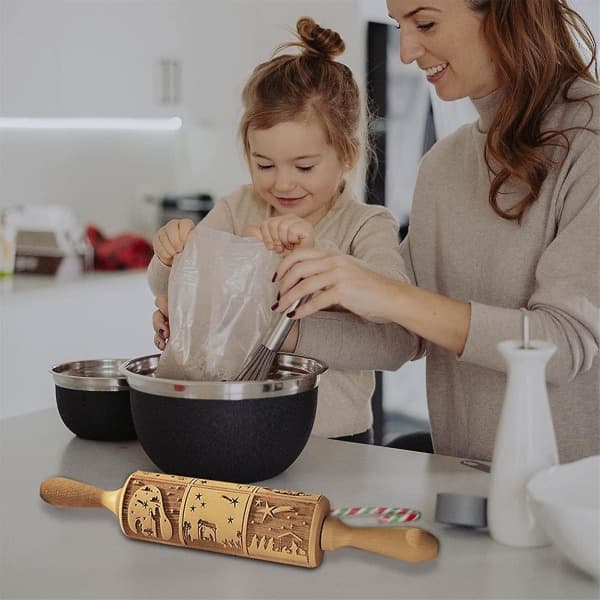 IC Nativity graverad non-stick trä präglad deg Roller kavel