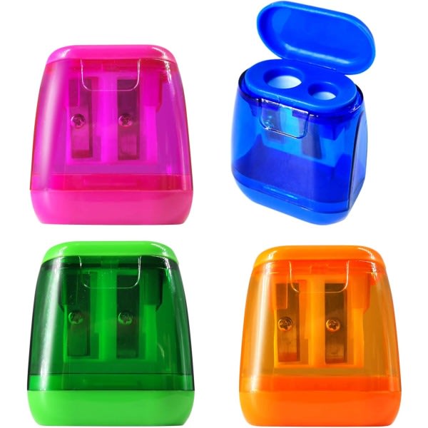 IC 4-delad färg kompakt dubbelhål pennvässare med cover, bärbar pennvässare för reseskola kontor för barn och vuxna