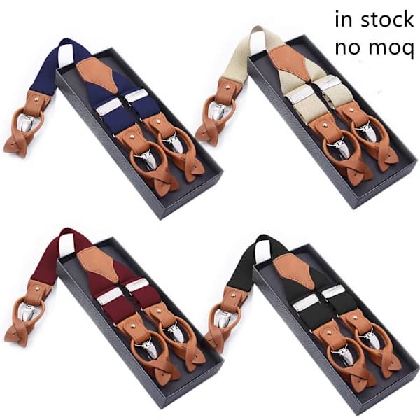 Wholesale Men's Suspenders 3.5cm Width 6 Clips Double Use Brown Elastic Adjustable Button Braces Gray grid 03 Gray grid 03