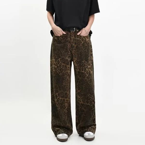 Brown Leopard Jeans - Women's Wide Leg Denim Pants - Leopard Pattern Leopard Print Leopard Print M leopard print M