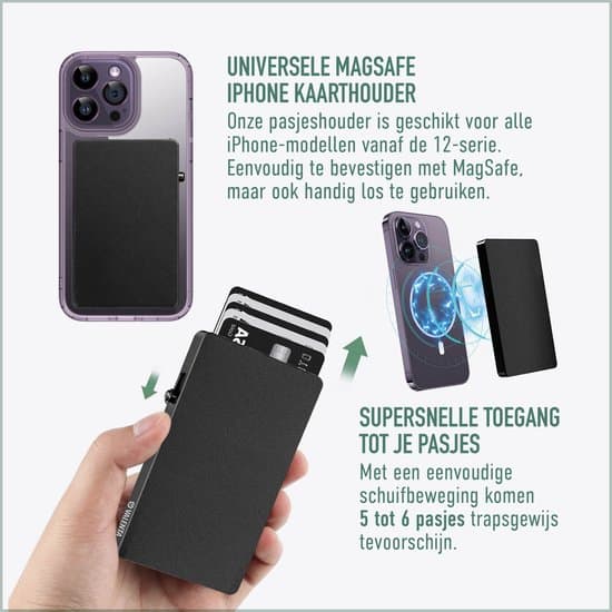 Aluminium MagSafe-pung med skydeudkaster, RFID-blokerende slank magnetisk kortholder til iPhone, rummer 6 kort, sort