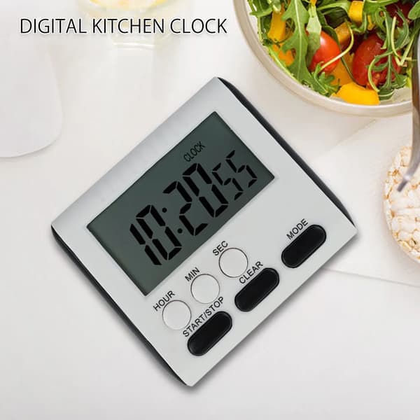 Digital kökstimer med stora LCD-siffror, högt larm och minnesfunktion, magnetisk baksida för matlagning, vit