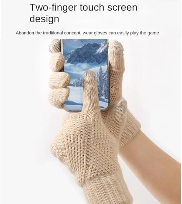 Vinterhandsker til kvinder, varme strikkede, fleeceforede, touchscreen-design med to fingre, til vintervandring og kørsel, beige, one size