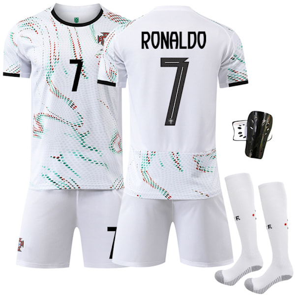 25-26 Portugal udebane hvid fodbolduniform sæt nr. 7 Ronaldo nr. 10 B Silva trøje 8 B Fee 11 Phillips Size 7 with socks + protective gear #twenty two