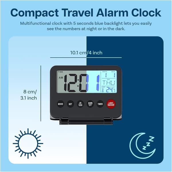 Kompakt digital rejsevækkeur med baggrundsbelysning, foldbart bærbart ur med timer, snooze, dato, temperatur, batteridrevet, sort til rejser