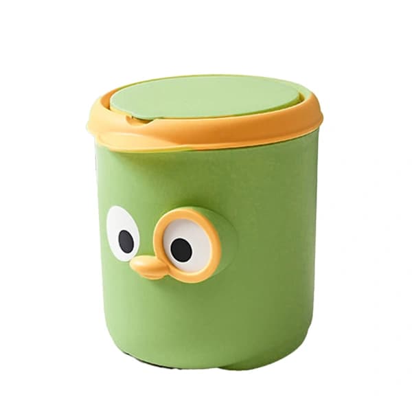 Mini Trash Can with Lid Cute Cartoon Design Plastic Desktop Waste Bin for Table Bedside Office Green