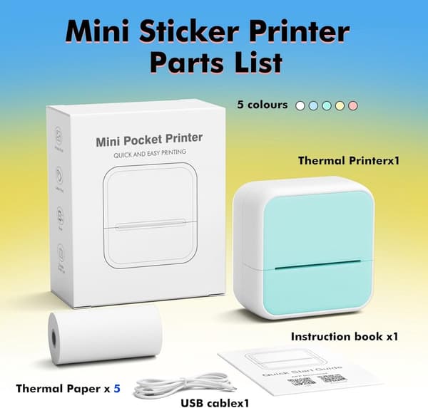 Mini labelprinter, blækfri termisk Bluetooth-fotoprinter med 5 ruller klæbepapir, bærbar lomme-printer til noter, studier og kontor, mintgrøn