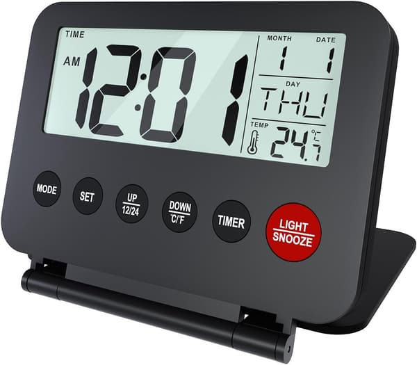 Kompakt digital rejsevækkeur med baggrundsbelysning, foldbart bærbart ur med timer, snooze, dato, temperatur, batteridrevet, sort til rejser