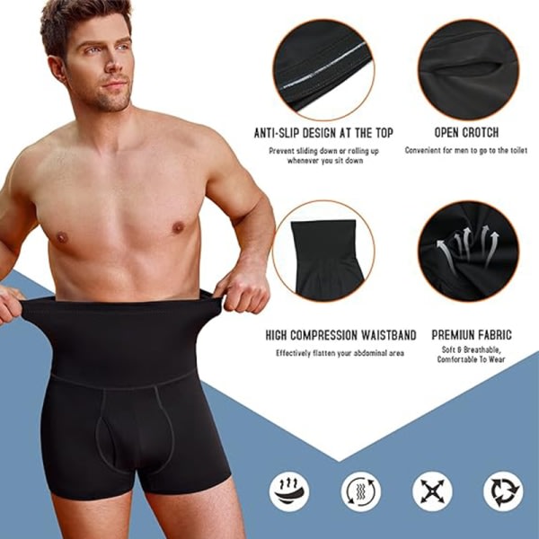 Mies Magen Control Shortsit, hög midja slimmade underkläder Body Shaper Black XL