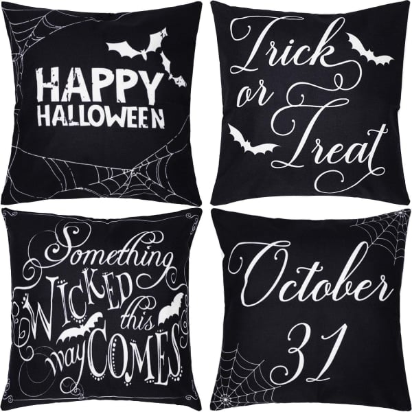 IC Halloween Jack O Lantern Dekorative Putetrekk 18 x 18 Sett med 4, Spøkelsesaktig Ansikt Mummy Black Cat Fran.kens-tein Trekk Dekor