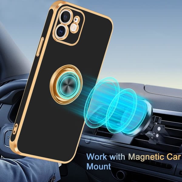 IC Fingic iPhone 12-fodral med ringstativ, [360° roterbar ringhållare magnetiskt stativ] [Glimmande guldkant] Smalt mjukt TPU Stötsäker, svart