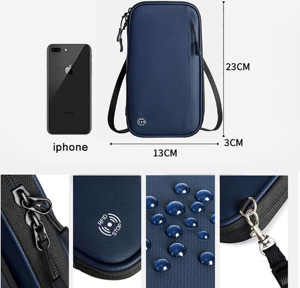 Paspengepung, RFID-blokerende vandtæt organizer med flere lommer og håndledsrem til rejser, mørkeblå, 23 x 13 x 3 cm