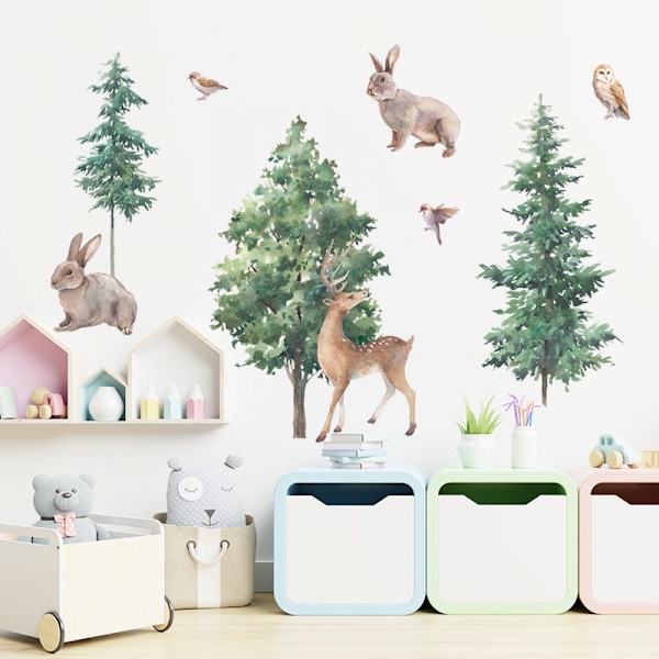 Väggklistermärke väggmålning tecknad tall cypress väggklistermärken fågel älg skog barnrum hem tapetdekor