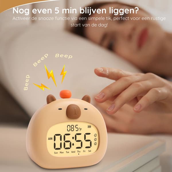 Digital vekkerklokke for barn, kapybara søvntrener med dimbar nattlampe, slumrefunksjon og USB-C oppladbar, for gutter og jenter