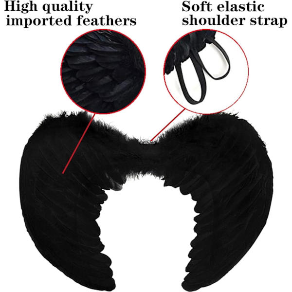Englevinger, Sort, Engel Kostume Til Kvinder, Med Glorie Og Sorte Vinger, Til Piger, Fjer Vinger Fallen angel wings - black-45 cm